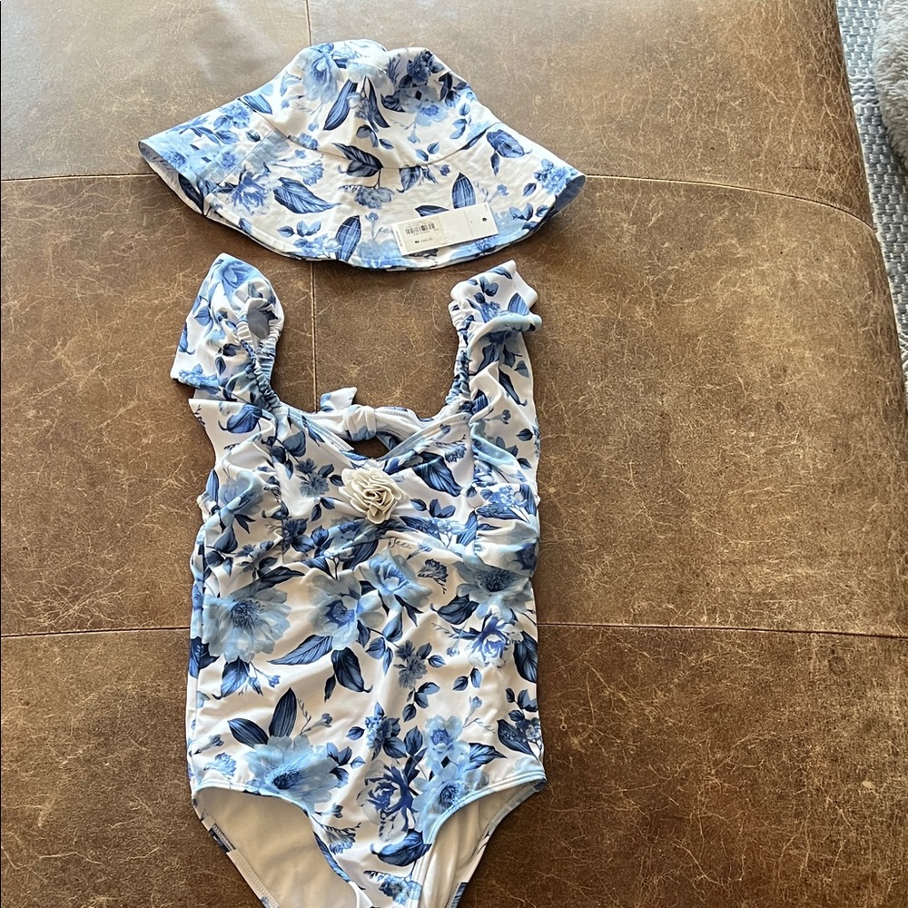 Janie and Jack Blue Floral Swimsuit with Sun hat